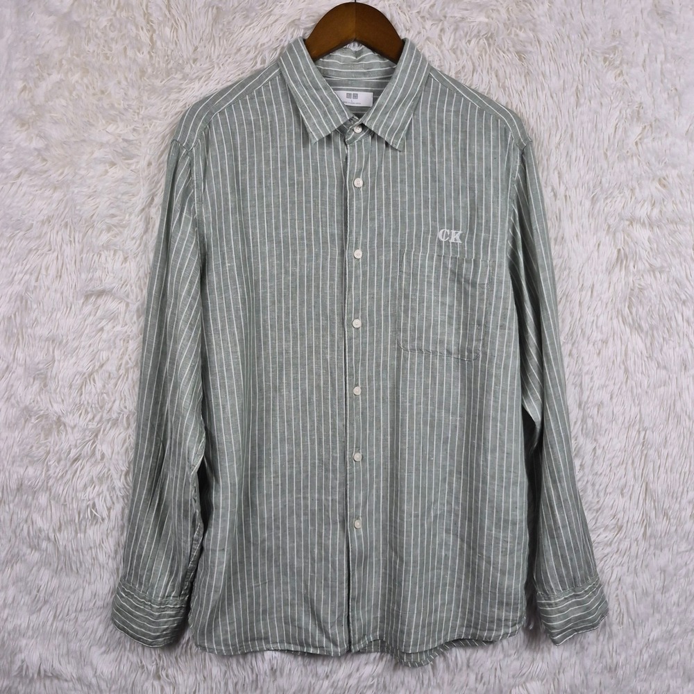 Uniqlo Mens Large 100% Linen Striped Long Sleeve Button Down Shirt Green White